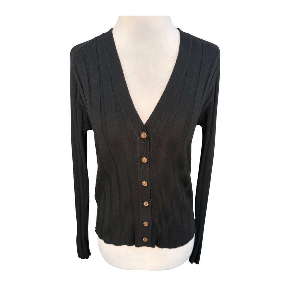 Mango Womens Cardigan Black Ribbed V-Neck Button Front Sweater Size Small New